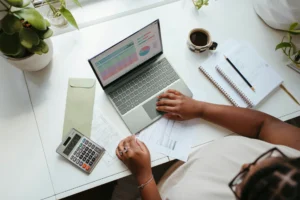 A BI developer analyses salary data on their computer.